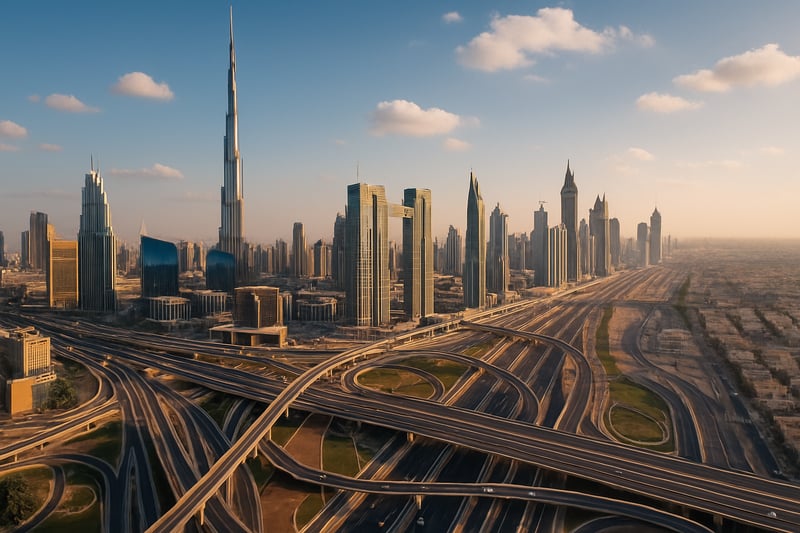 Dubai skyline with major paid roads and highways Dubai skyline with major paid roads and highways