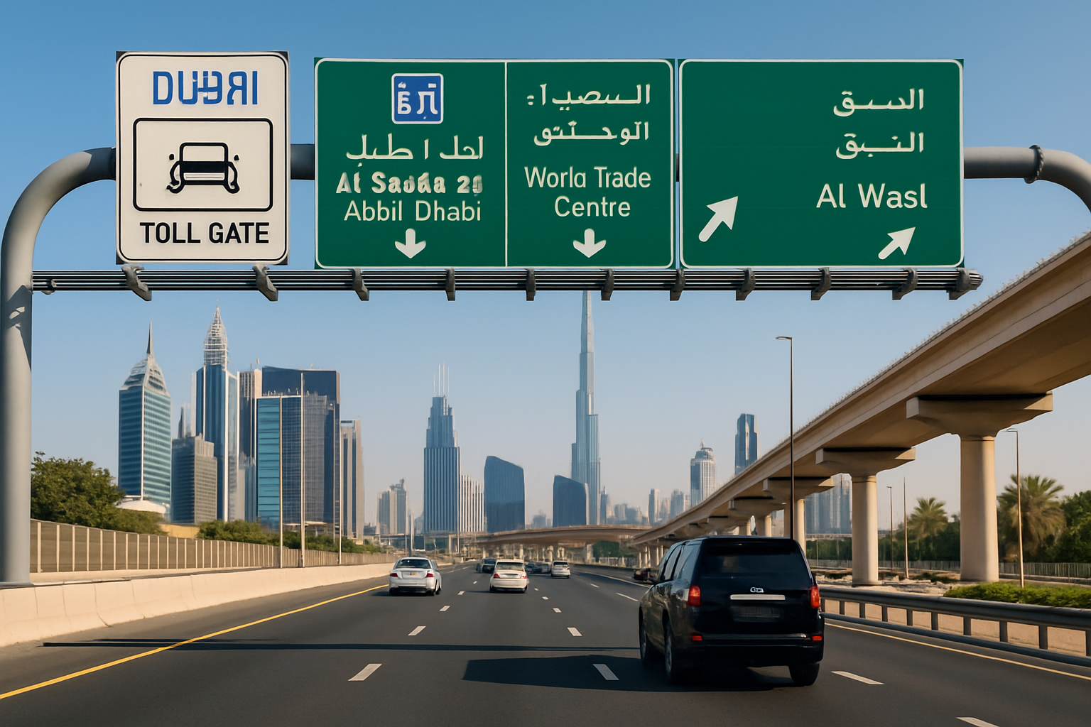 Dubai road with clear signage and automated toll gate